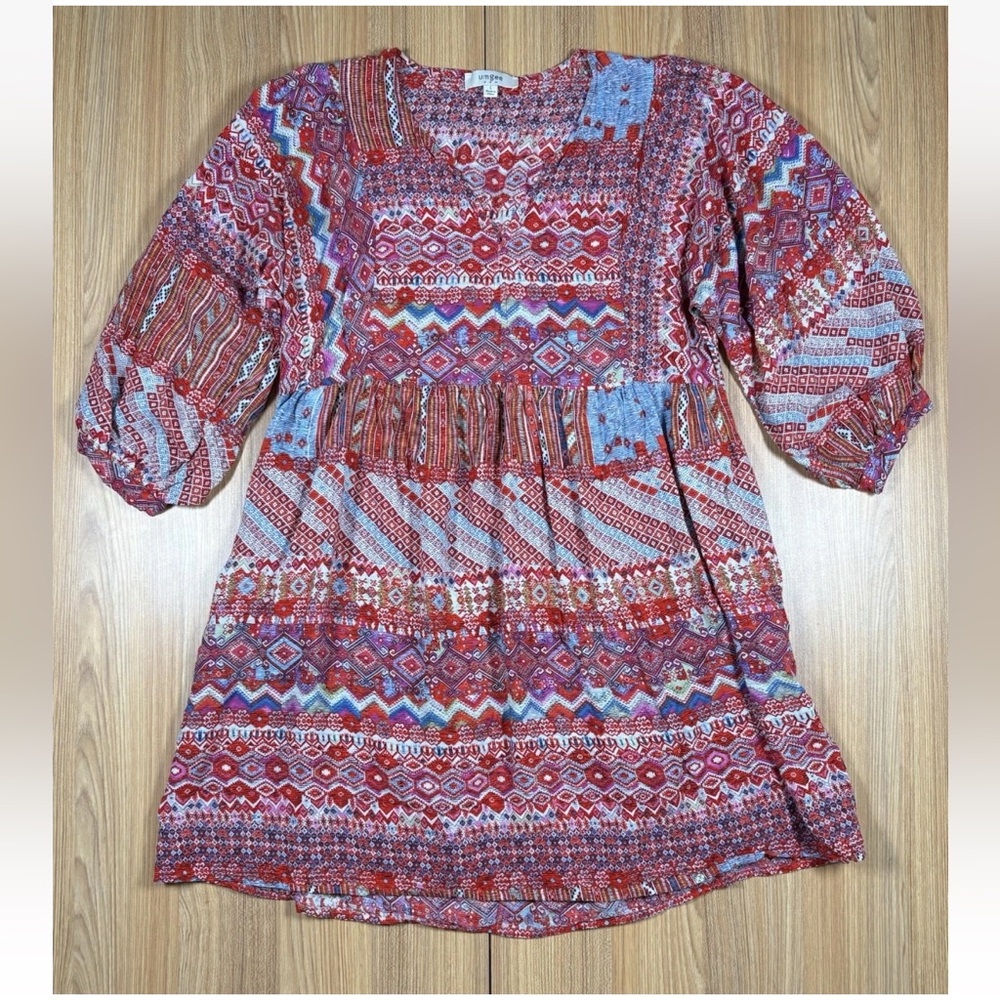 Umgee Mixed Pattern Balloon Sleeve Babydoll Dress L Boho Peasant Indie Red Blue
